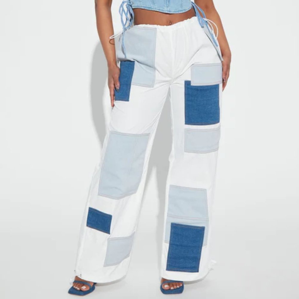 Piece Of Me Denim Patchwork Parachute Pant - White/combo